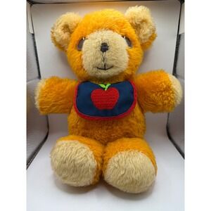 Vintage 1975 Fisher Price Teddy Bear 418 Orange Plush Apple Bib Stuffed Animal